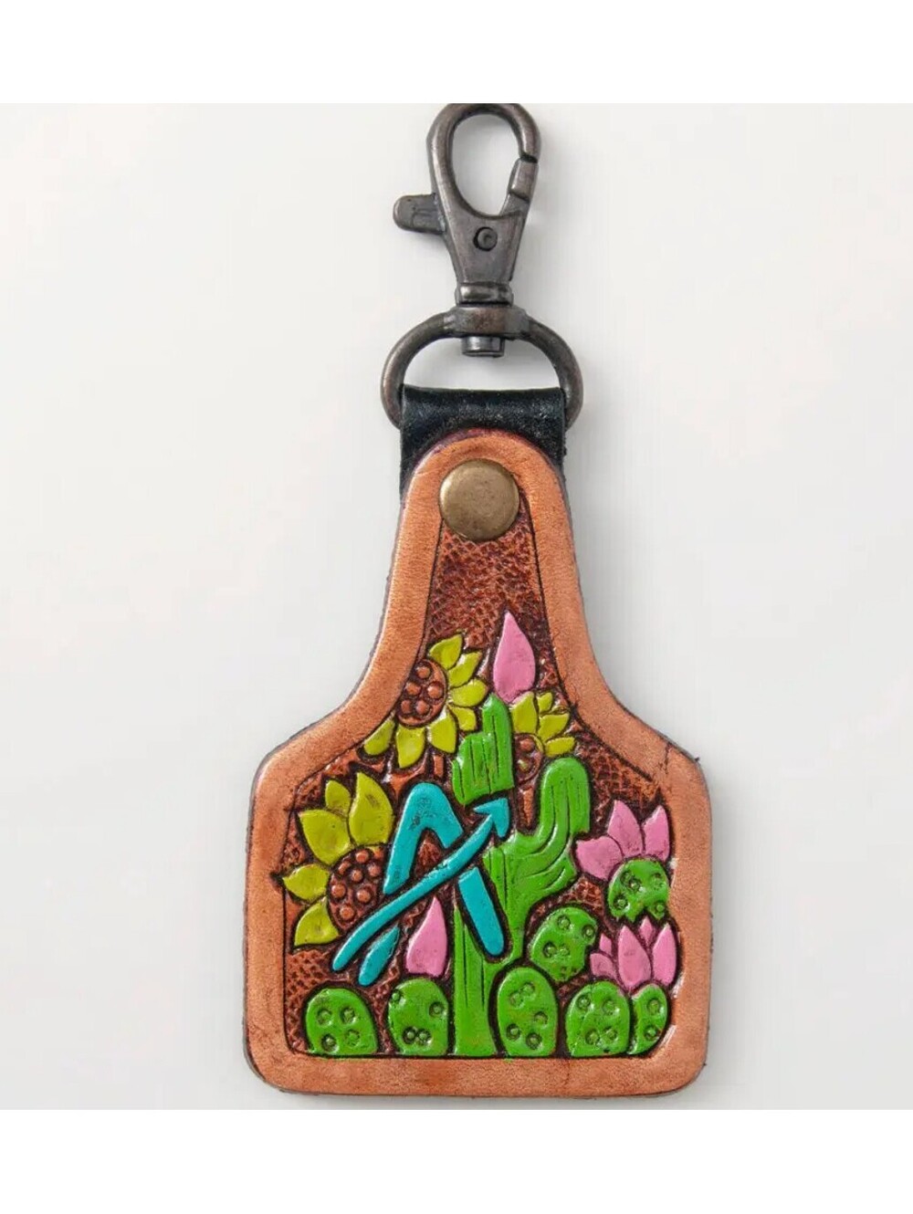 Hand-Tooled Leather Keychain Cactus and Sunflower Design, Western Boho Rodeo
